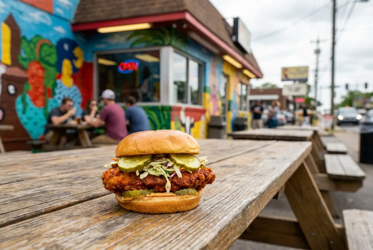 A hot chicken sandwich with pickles on a picnic table outside a colorful East Nashville eatery