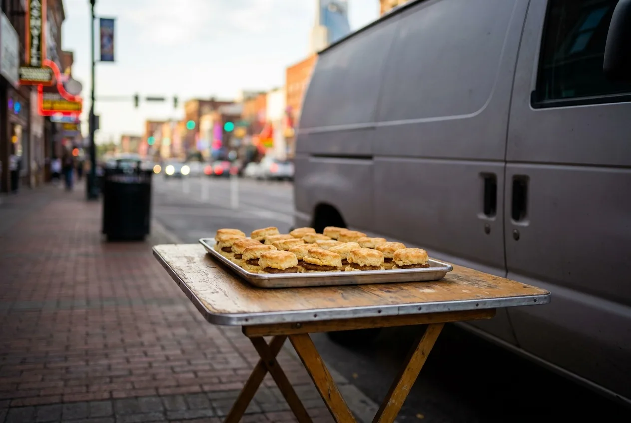 A tray of biscuit sliders beside a small tour van parked on a Nashville street