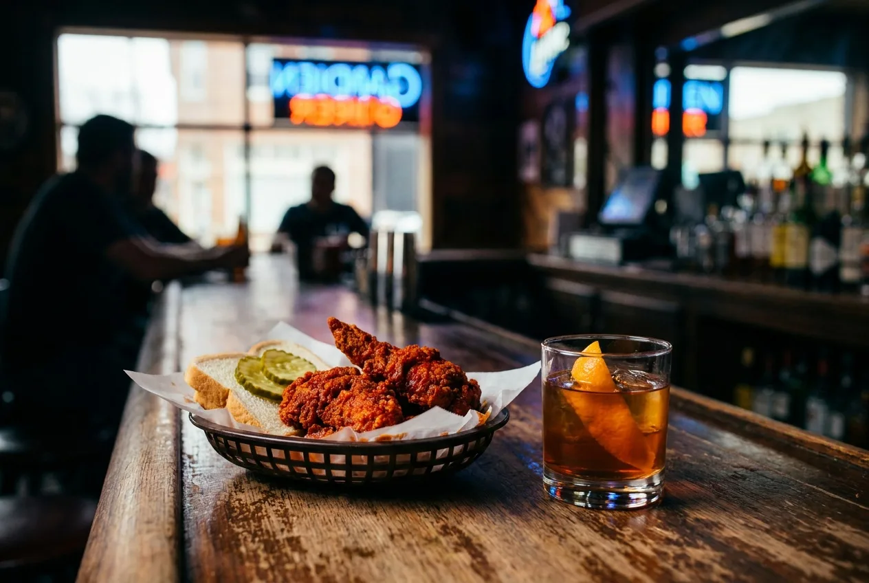 Nashville hot chicken and a whiskey cocktail on a bar top under neon glow