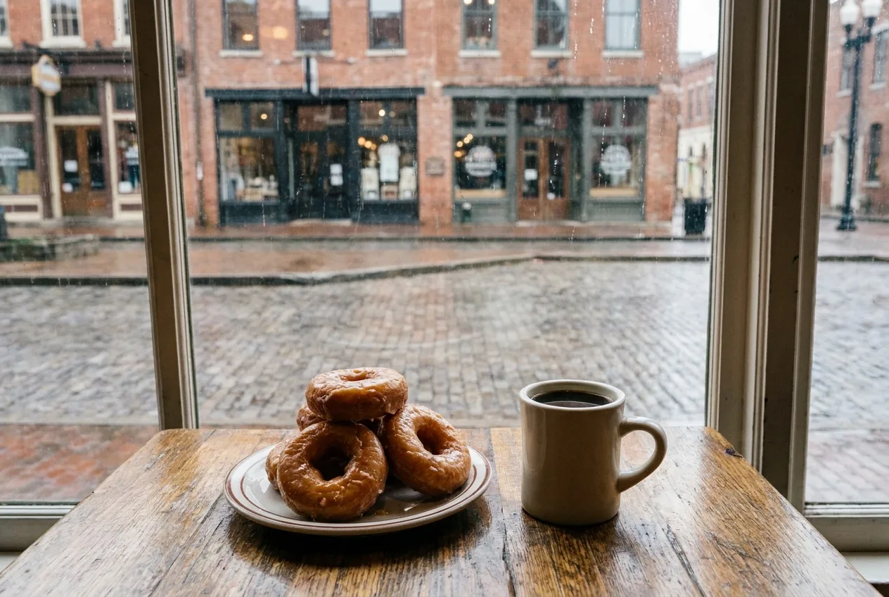 Glazed donuts stacked beside coffee
