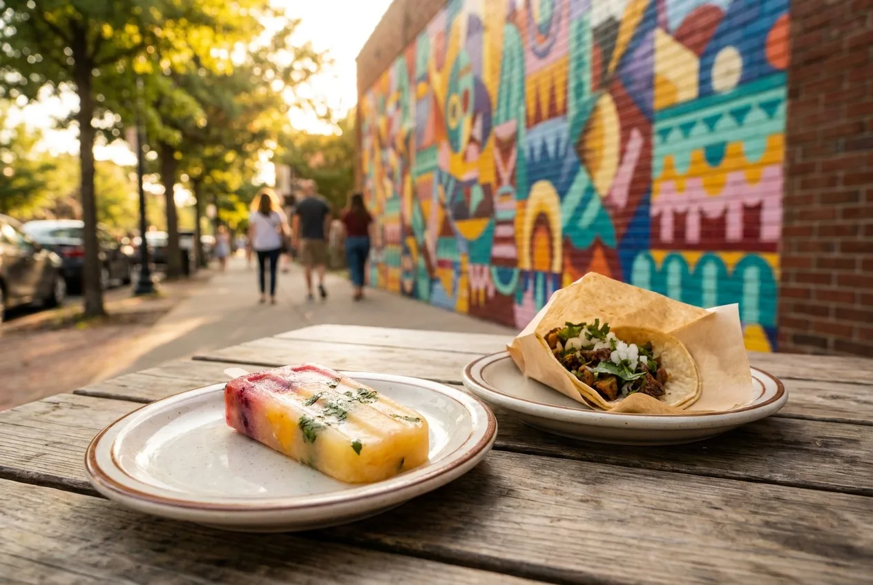 A gourmet popsicle and a street taco on a table near a bright mural in a walkable neighborhood