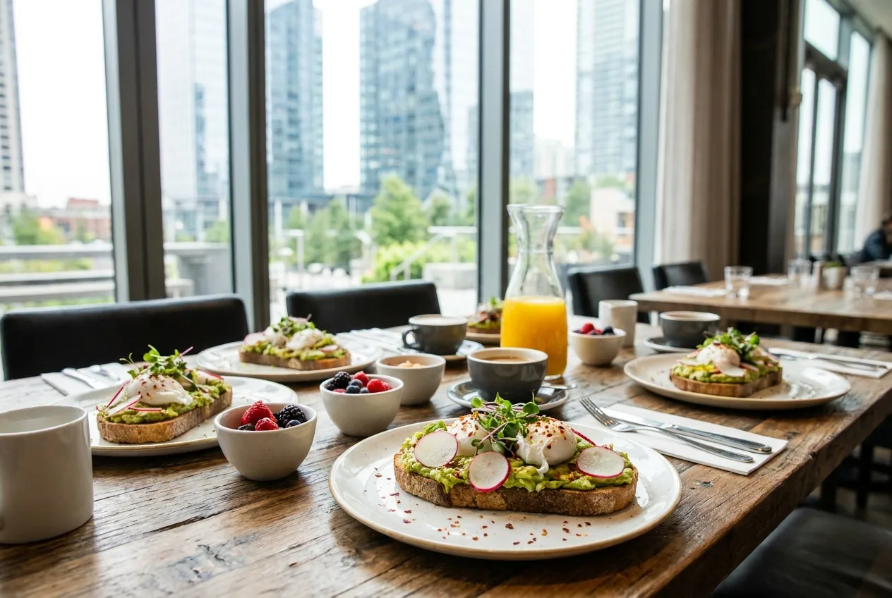 An avocado toast brunch spread in a chic modern restaurant