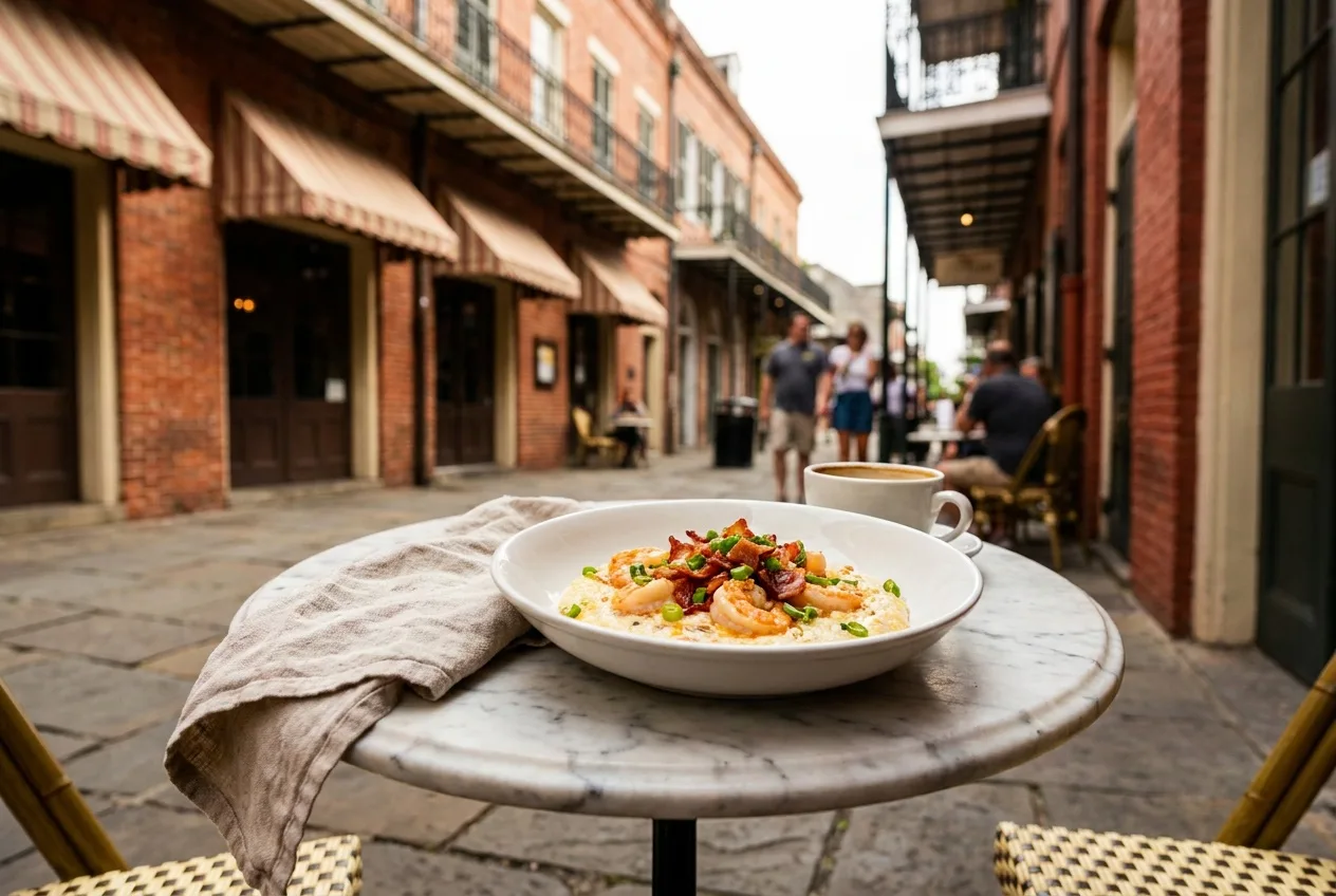 Shrimp and grits on a marble bistro table in a historic red-brick district
