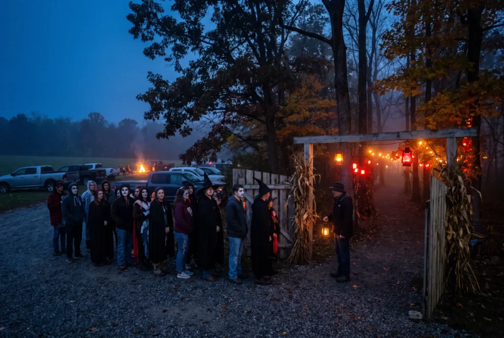 Costumed visitors waiting at night at the entrance to a haunted trail in a Tennessee hardwood forest, fog drifting between the trees under orange and red light