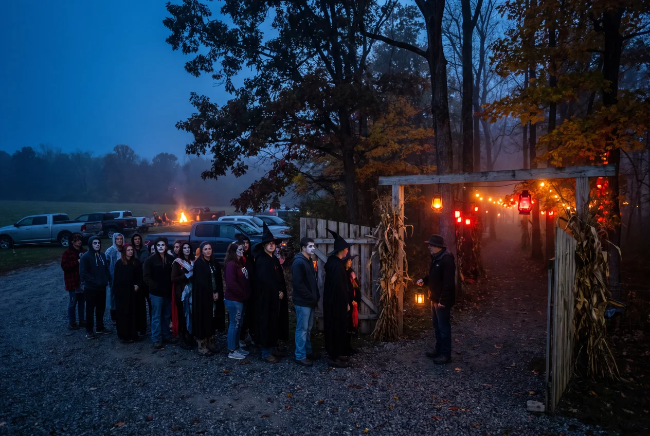 Costumed visitors waiting at night at the entrance to a haunted trail in a Tennessee hardwood forest, fog drifting between the trees under orange and red light
