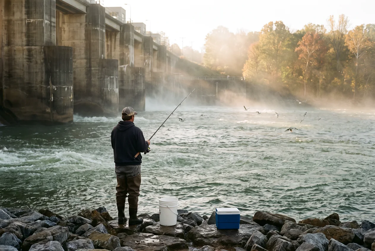 An angler on the rocky bank of the Cumberland River below Old Hickory Dam at sunrise, rod in hand, the dam and mist in the background