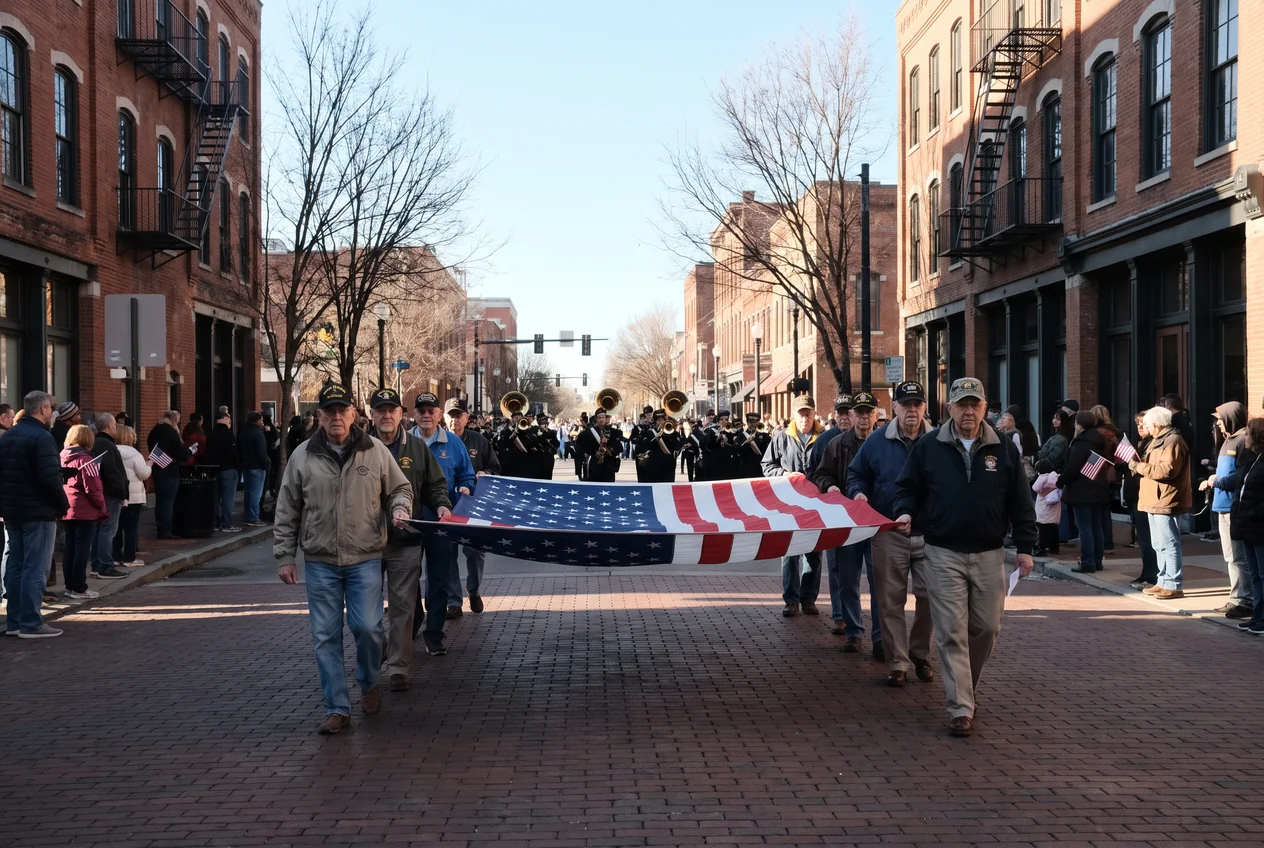 Veterans in unit ball caps marching down Broadway in downtown Nashville on a clear November morning, brick honky tonk fronts on both sides and spectators with small American flags